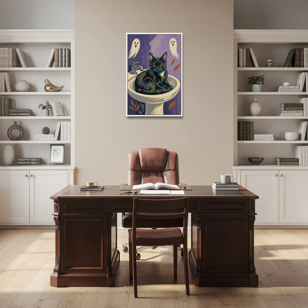 Funny Bathroom Prints Cat Claims the Sink - White Framed Canvas Wall Art - Office - 24x36