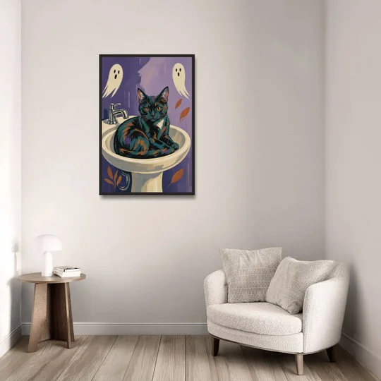 Funny Bathroom Prints Cat Claims the Sink - Black Framed Canvas Wall Art - Sofa - 24x36