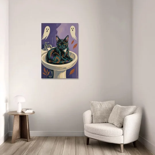 Funny Bathroom Prints Cat Claims the Sink - Canvas Wall Art - Sofa - 24x36