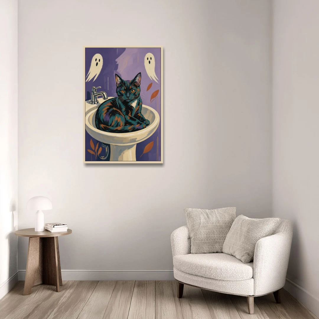 Funny Bathroom Prints Cat Claims the Sink - Oak Framed Canvas Wall Art - Sofa - 24x36