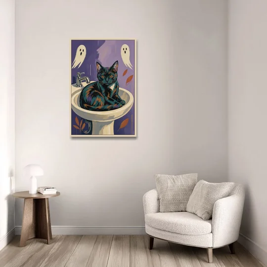 Funny Bathroom Prints Cat Claims the Sink - Oak Framed Canvas Wall Art - Sofa - 24x36