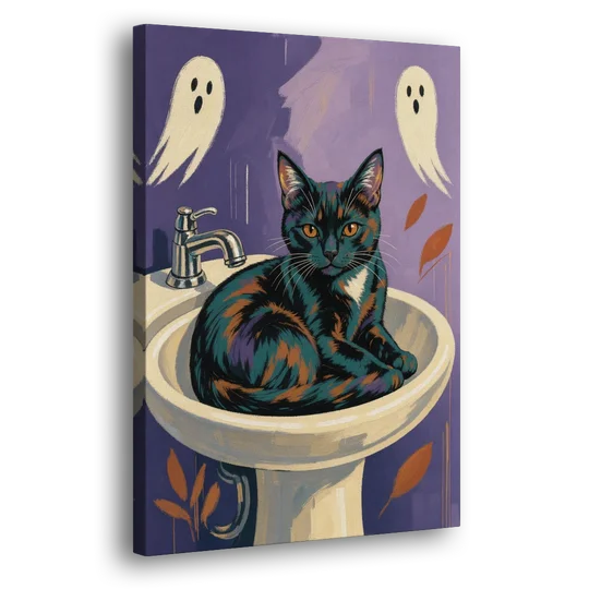 Funny Bathroom Prints Cat Claims the Sink - Canvas Wall Art - Side