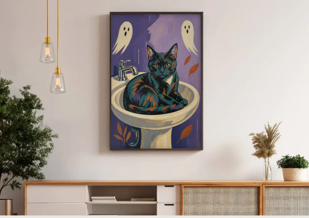 Funny Bathroom Prints Cat Claims the Sink canvas wall art above a wooden sideboard under pendant lights