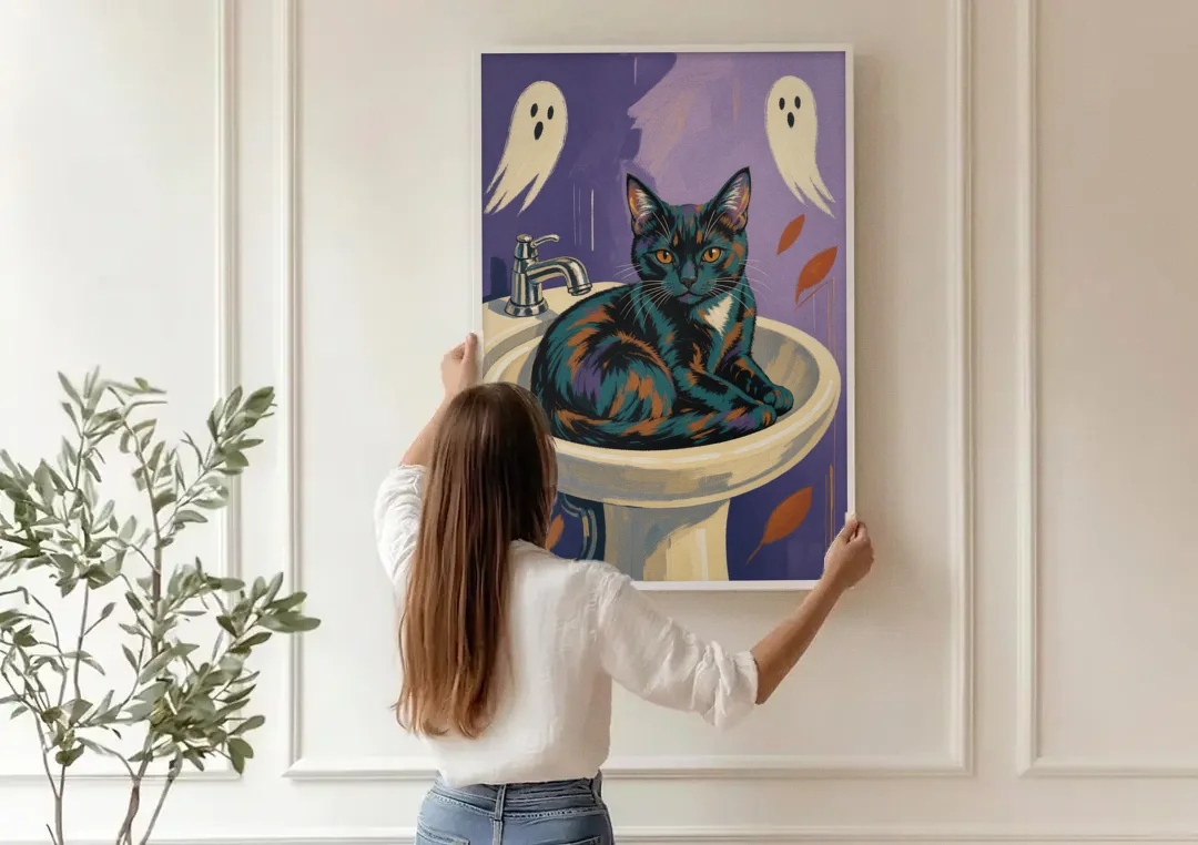Funny Bathroom Prints Cat Claims the Sink canvas wall art being hung on a paneled wall