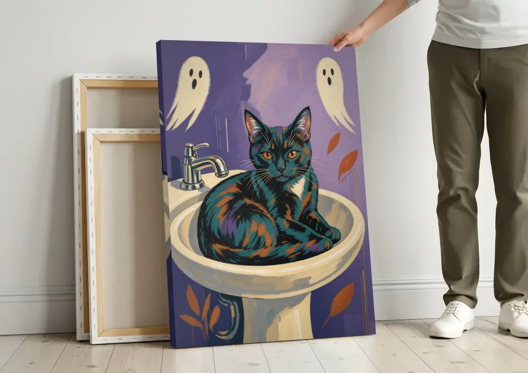 Funny Bathroom Prints Cat Claims the Sink canvas wall art leaning against a wall next to blank canvases