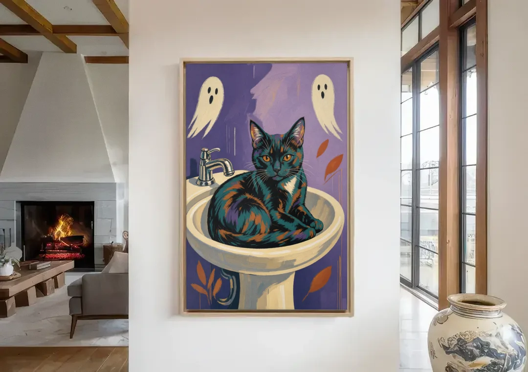 Funny Bathroom Prints Cat Claims the Sink canvas wall art in a living room with a fireplace