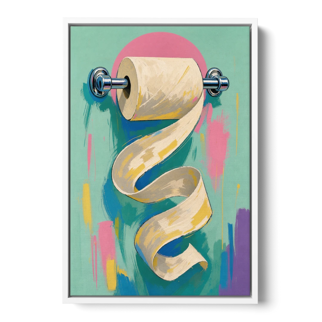 Funny Bathroom Wall Art of an Unspooling Toilet Roll - White Framed Canvas Wall Art - Front