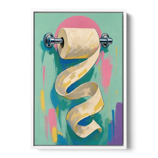 Funny Bathroom Wall Art of an Unspooling Toilet Roll - White Framed Canvas Wall Art - Front