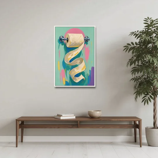 Funny Bathroom Wall Art of an Unspooling Toilet Roll - White Framed Canvas Wall Art - Coffee Table - 24x36