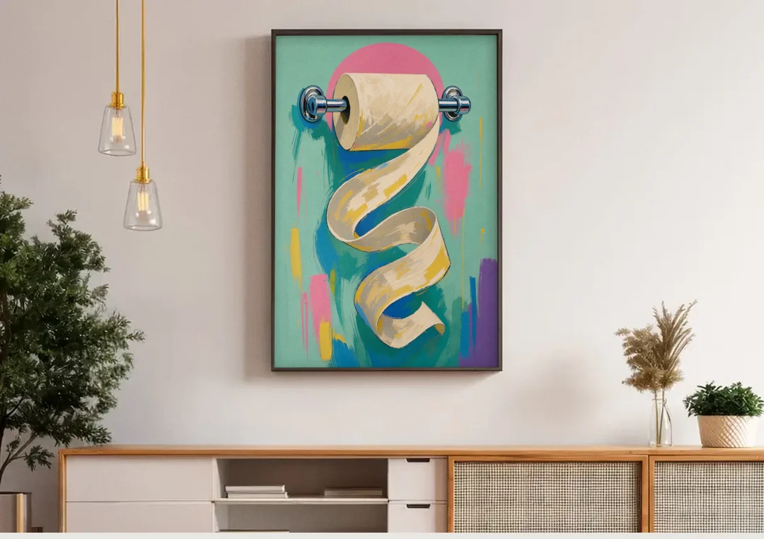 Funny Bathroom Wall Art of an Unspooling Toilet Roll canvas wall art above a wooden sideboard under pendant lights