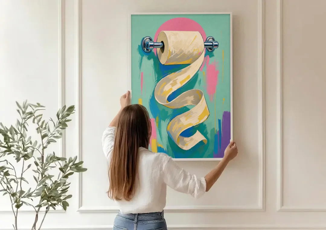 Funny Bathroom Wall Art of an Unspooling Toilet Roll canvas wall art being hung on a paneled wall