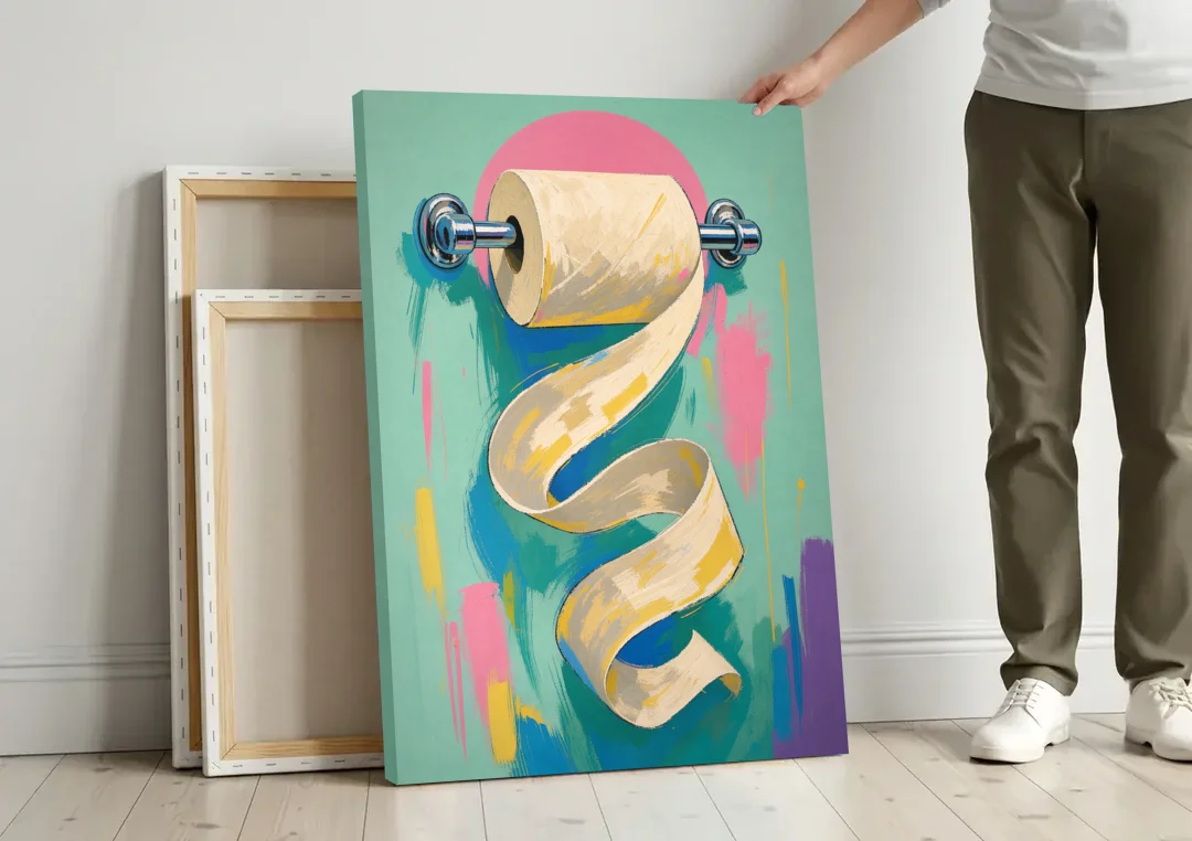 Funny Bathroom Wall Art of an Unspooling Toilet Roll canvas wall art leaning against a wall next to blank canvases