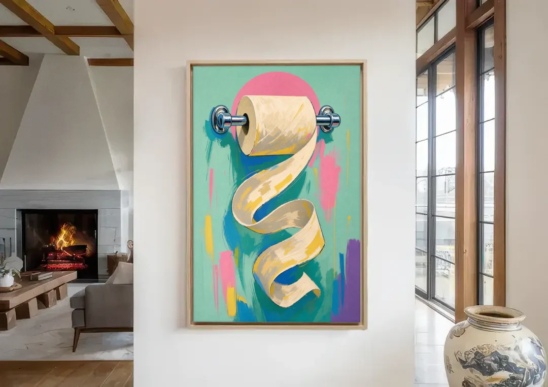 Funny Bathroom Wall Art of an Unspooling Toilet Roll canvas wall art in a living room with a fireplace