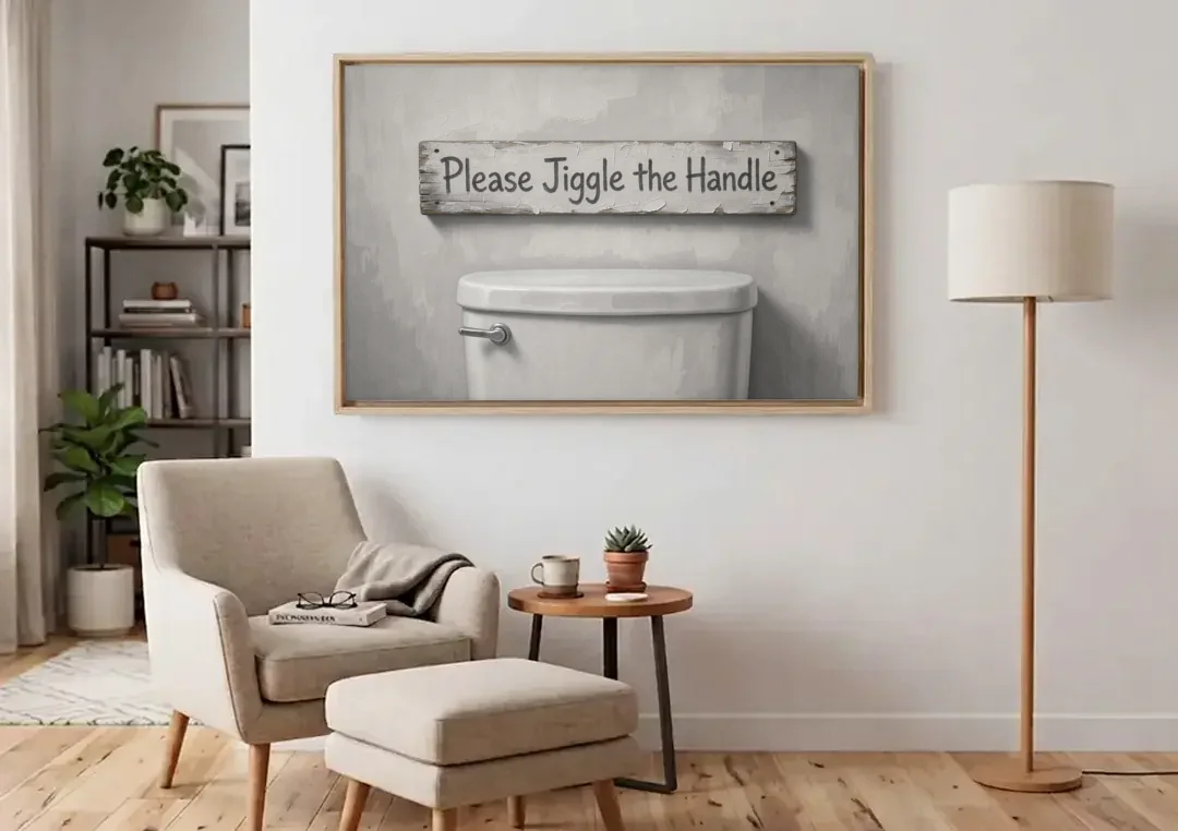 Funny Bathroom Wall Decor Please Jiggle the Handle canvas wall art above an armchair in a bright living room