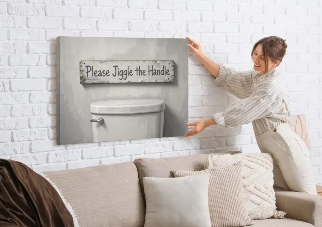 Funny Bathroom Wall Decor Please Jiggle the Handle canvas wall art being hung on a white brick wall above a sofa