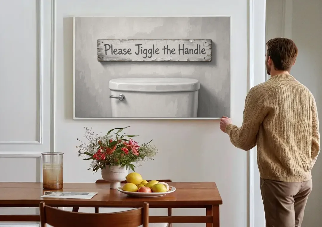 Funny Bathroom Wall Decor Please Jiggle the Handle canvas wall art above a dining table