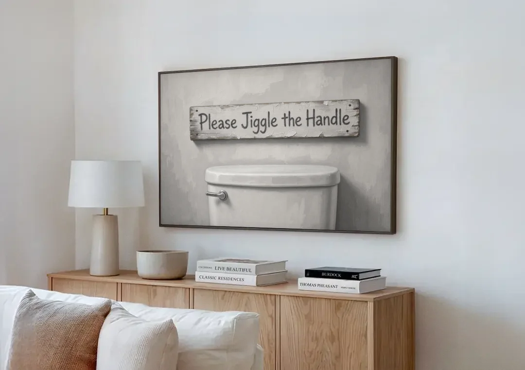 Funny Bathroom Wall Decor Please Jiggle the Handle canvas wall art above a wooden sideboard next to a sofa