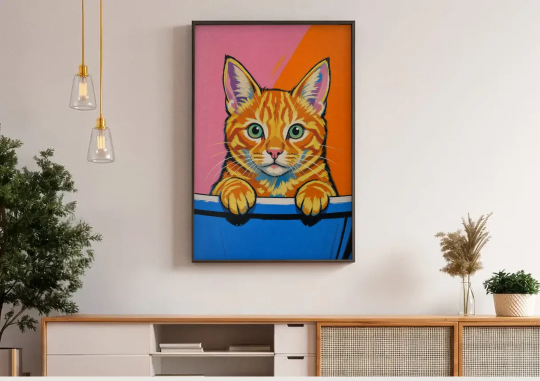 Funny Cat Bathroom Wall Art Peeking Over the Tub canvas wall art above a wooden sideboard under pendant lights