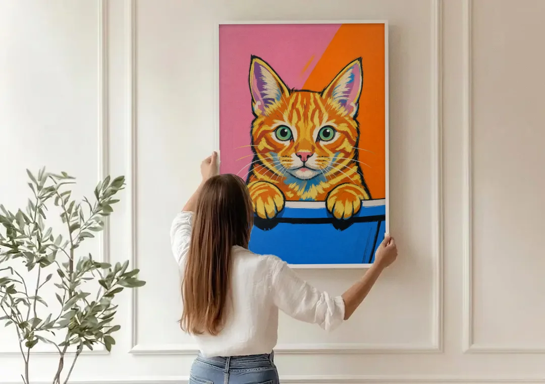Funny Cat Bathroom Wall Art Peeking Over the Tub canvas wall art being hung on a paneled wall