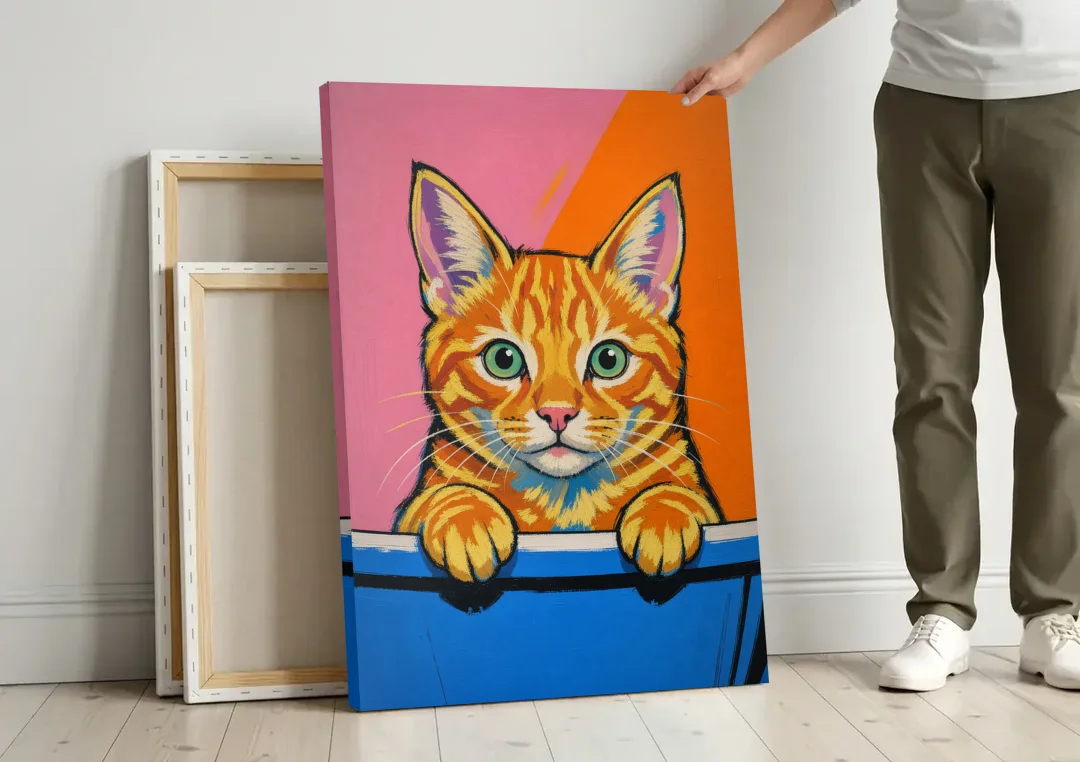 Funny Cat Bathroom Wall Art Peeking Over the Tub canvas wall art leaning against a wall next to blank canvases
