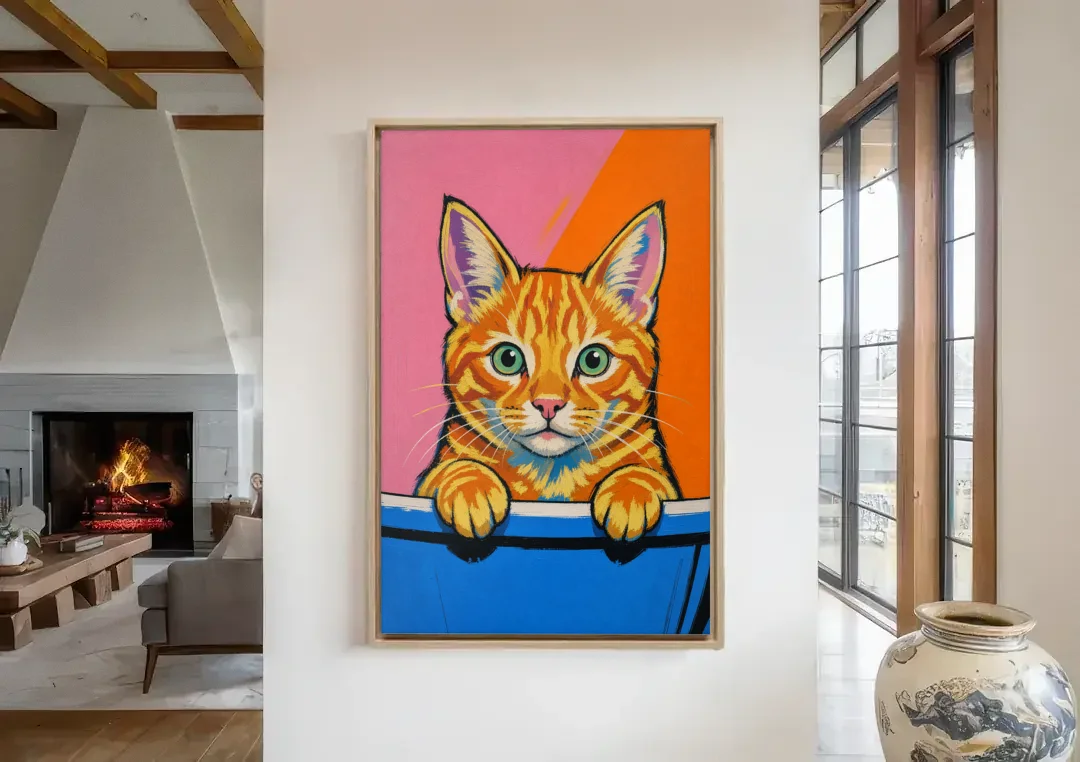 Funny Cat Bathroom Wall Art Peeking Over the Tub canvas wall art in a living room with a fireplace