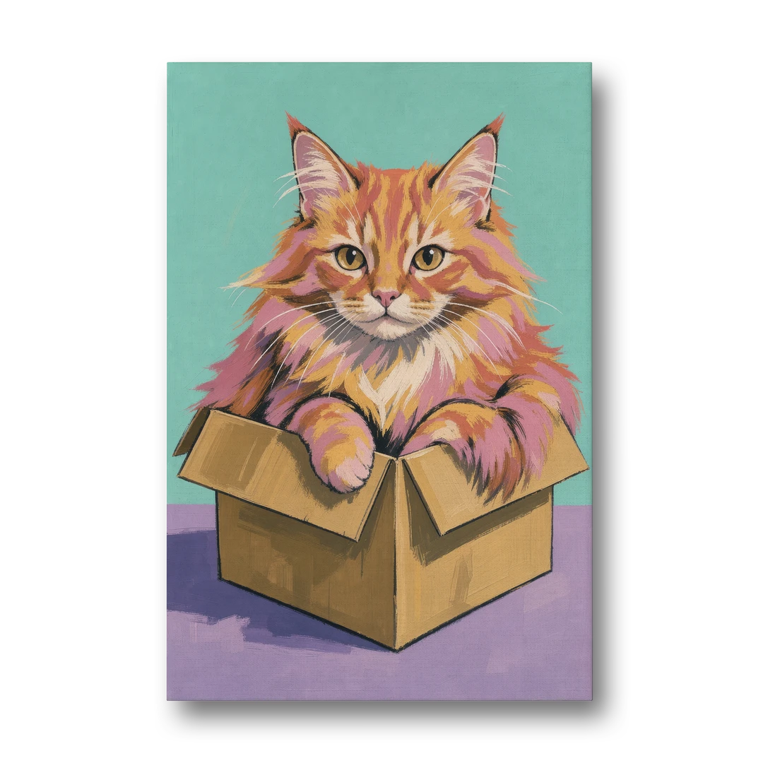 Funny Cat Wall Art Overflowing a Tiny Box - Canvas Wall Art - Front