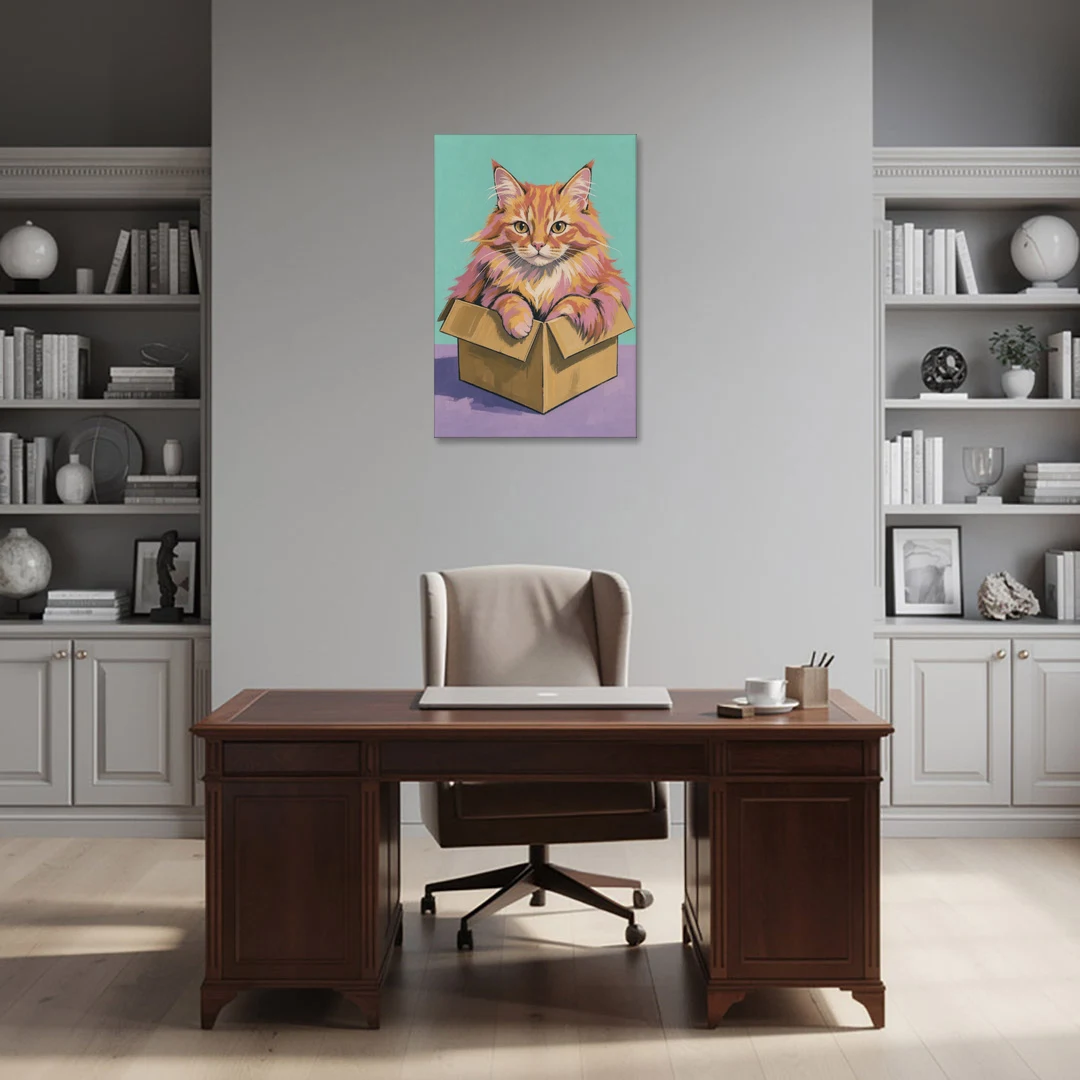 Funny Cat Wall Art Overflowing a Tiny Box - Canvas Wall Art - Office - 24x36