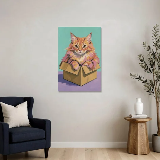 Funny Cat Wall Art Overflowing a Tiny Box - Canvas Wall Art - Sofa - 24x36