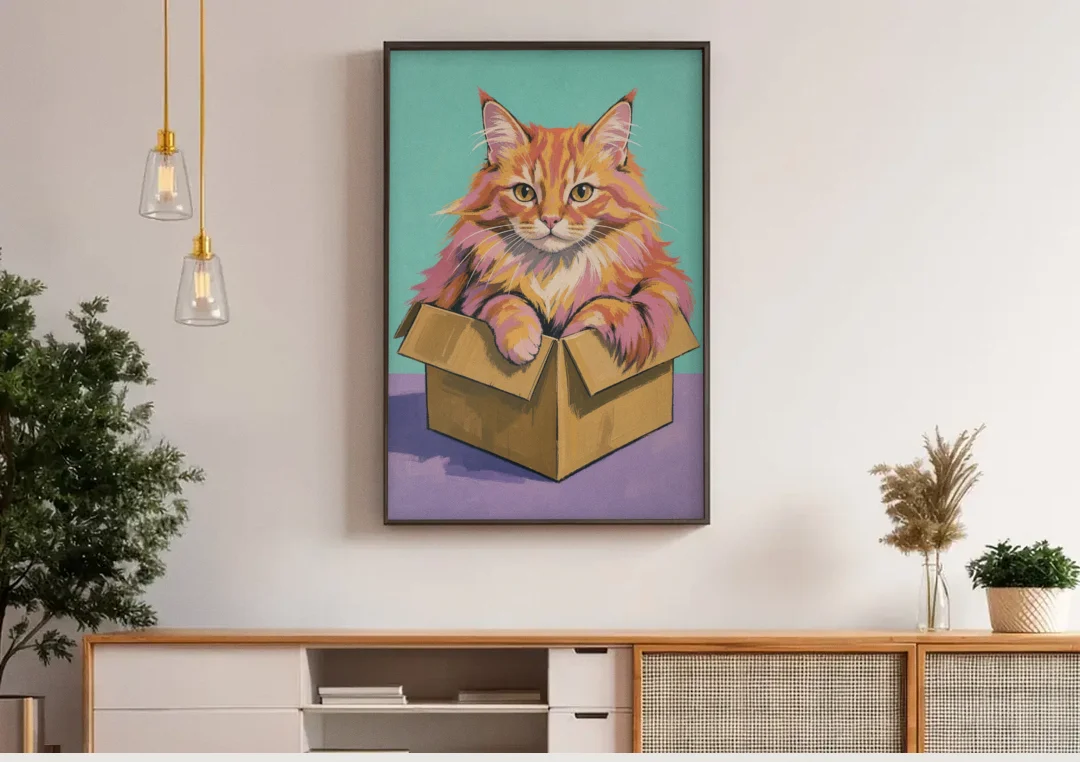 Funny Cat Wall Art Overflowing a Tiny Box canvas wall art above a wooden sideboard under pendant lights