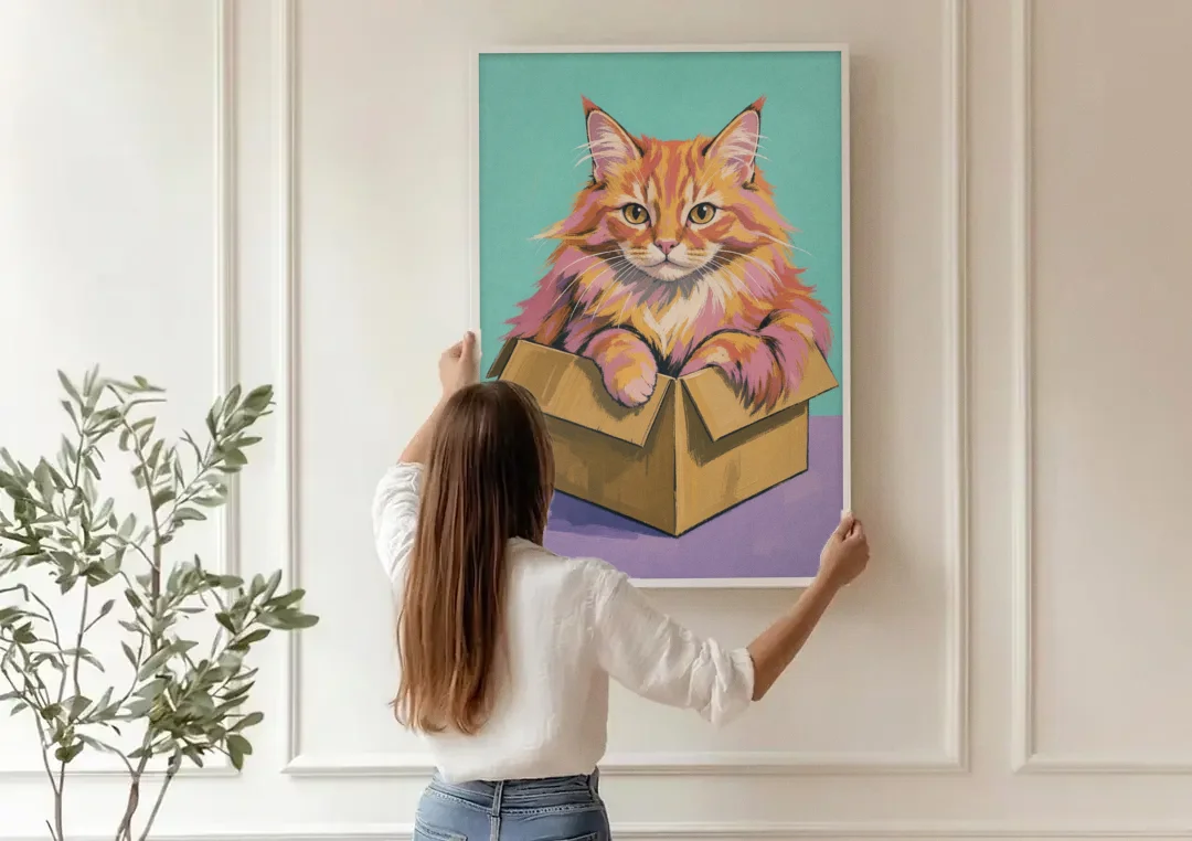 Funny Cat Wall Art Overflowing a Tiny Box canvas wall art being hung on a paneled wall