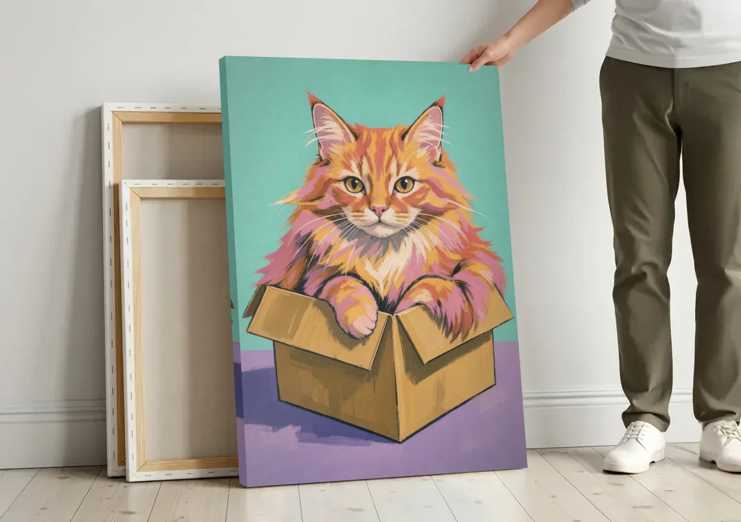 Funny Cat Wall Art Overflowing a Tiny Box canvas wall art leaning against a wall next to blank canvases