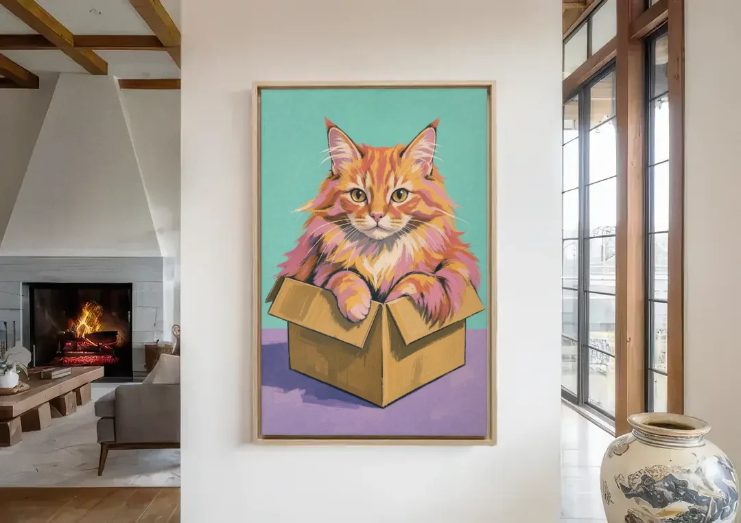 Funny Cat Wall Art Overflowing a Tiny Box canvas wall art in a living room with a fireplace