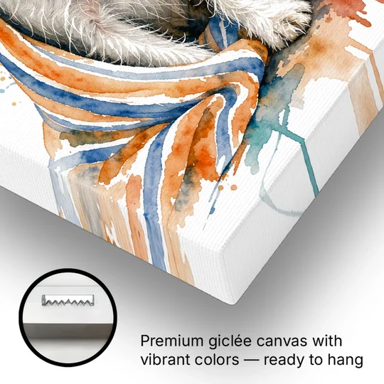 Funny Dog Bathroom Prints Terrier in a Striped Towel - Canvas Wall Art - Gallery Wrap Corner
