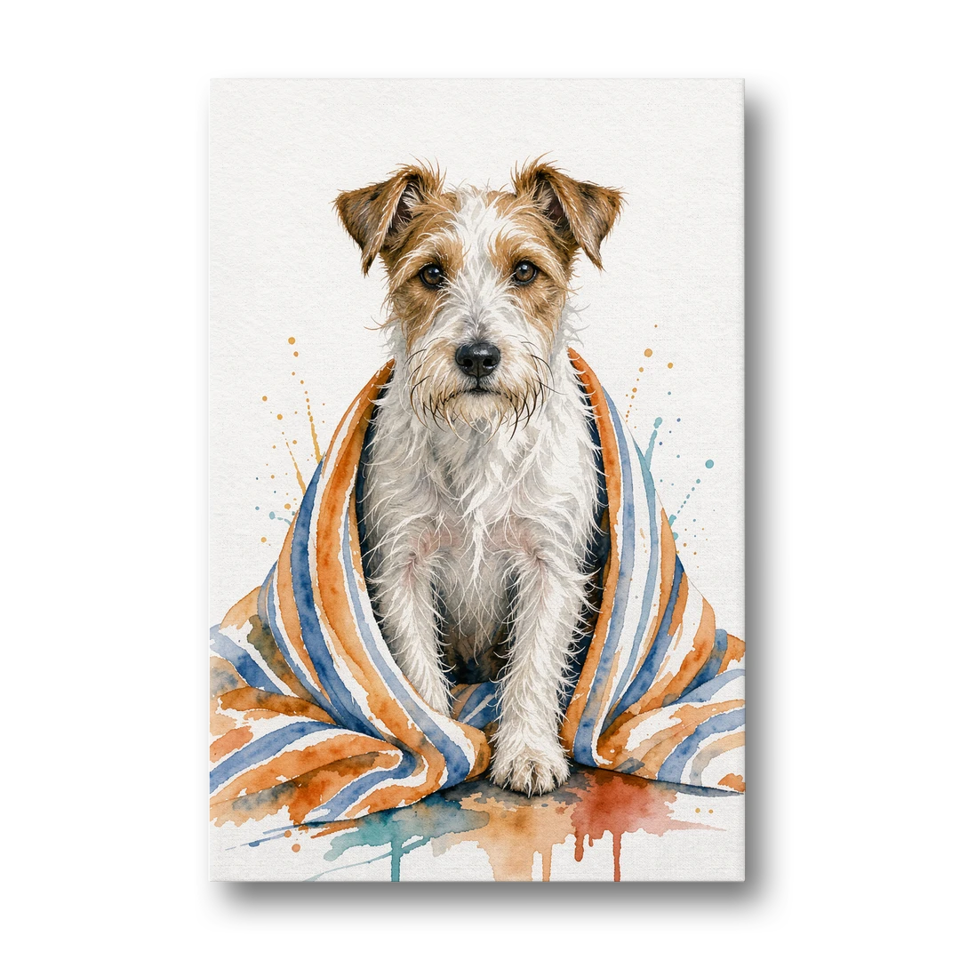 Funny Dog Bathroom Prints Terrier in a Striped Towel - Canvas Wall Art - Front