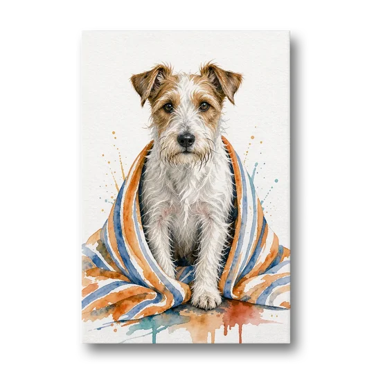 Funny Dog Bathroom Prints Terrier in a Striped Towel - Canvas Wall Art - Front