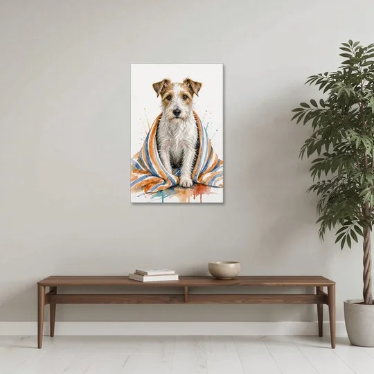 Funny Dog Bathroom Prints Terrier in a Striped Towel - Canvas Wall Art - Coffee Table - 24x36