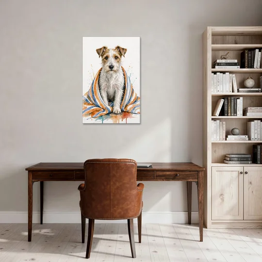 Funny Dog Bathroom Prints Terrier in a Striped Towel - Canvas Wall Art - Office - 24x36