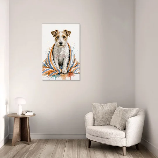 Funny Dog Bathroom Prints Terrier in a Striped Towel - Canvas Wall Art - Sofa - 24x36