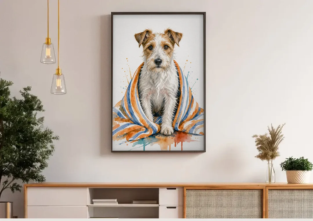 Funny Dog Bathroom Prints Terrier in a Striped Towel canvas wall art above a wooden sideboard under pendant lights
