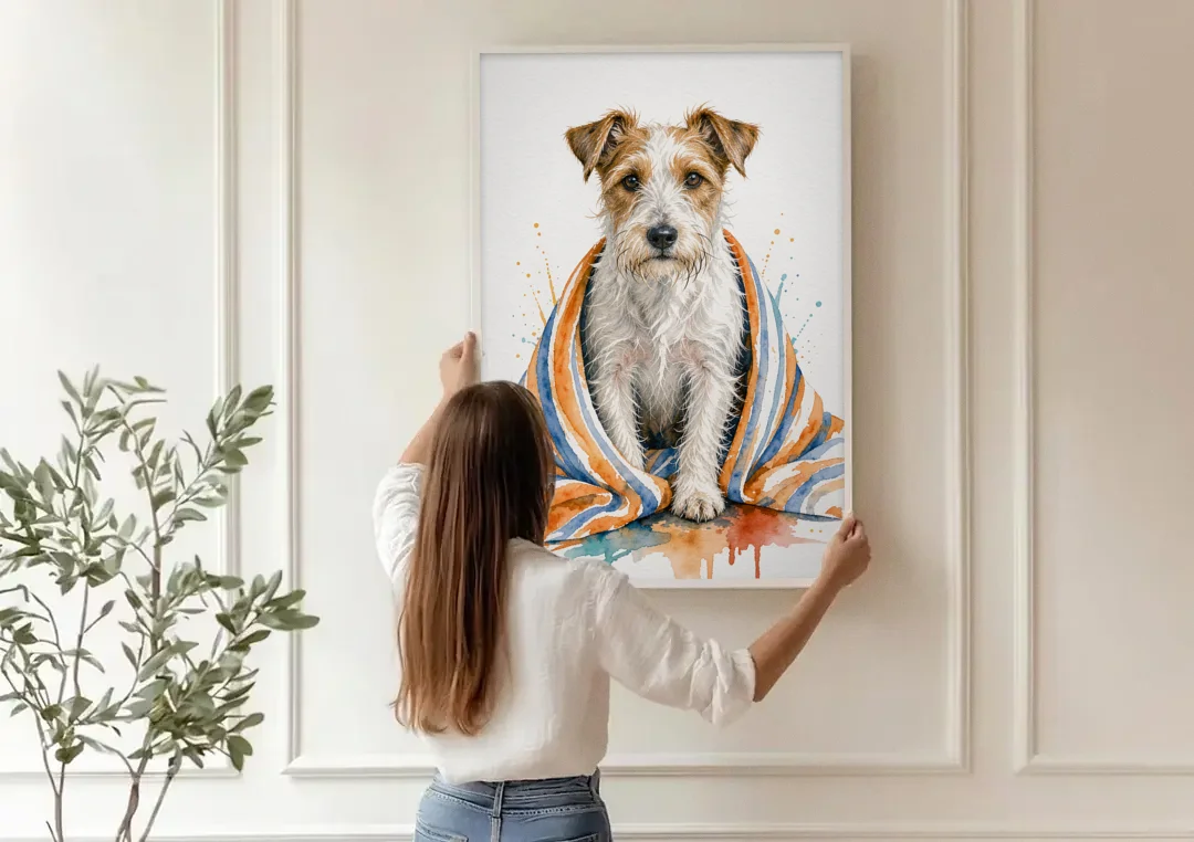 Funny Dog Bathroom Prints Terrier in a Striped Towel canvas wall art being hung on a paneled wall