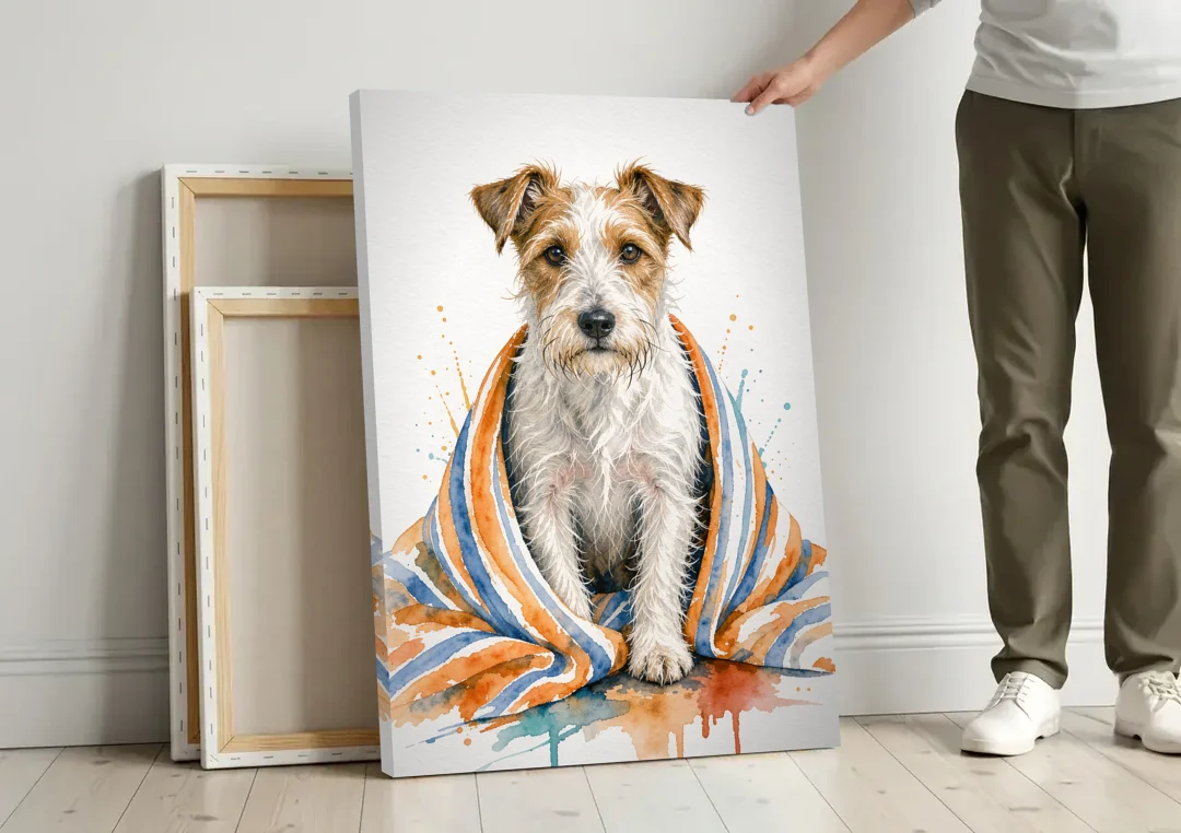 Funny Dog Bathroom Prints Terrier in a Striped Towel canvas wall art leaning against a wall next to blank canvases