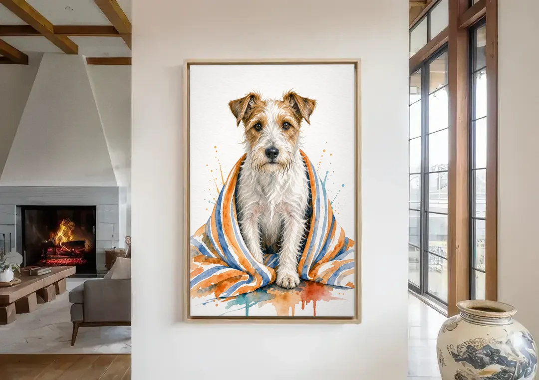 Funny Dog Bathroom Prints Terrier in a Striped Towel canvas wall art in a living room with a fireplace