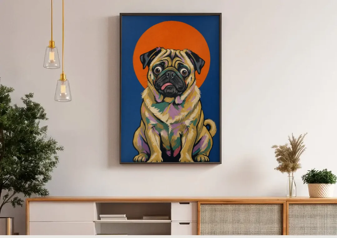 Funny Dog Canvas Art of a Confused Pug canvas wall art above a wooden sideboard under pendant lights