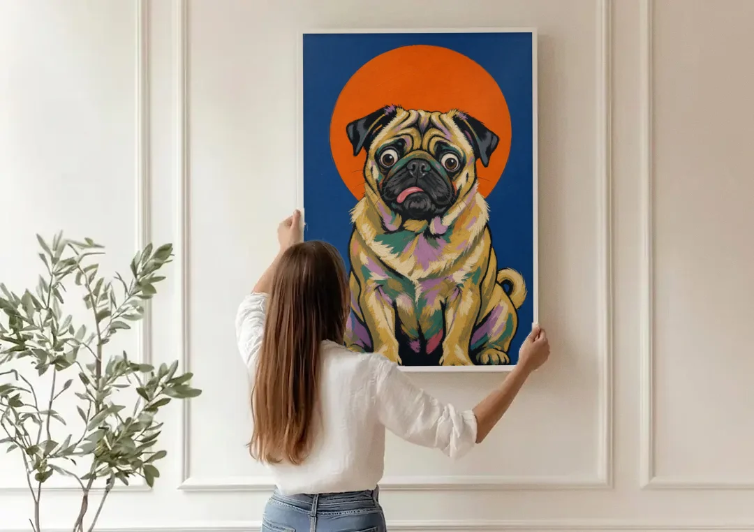 Funny Dog Canvas Art of a Confused Pug canvas wall art being hung on a paneled wall