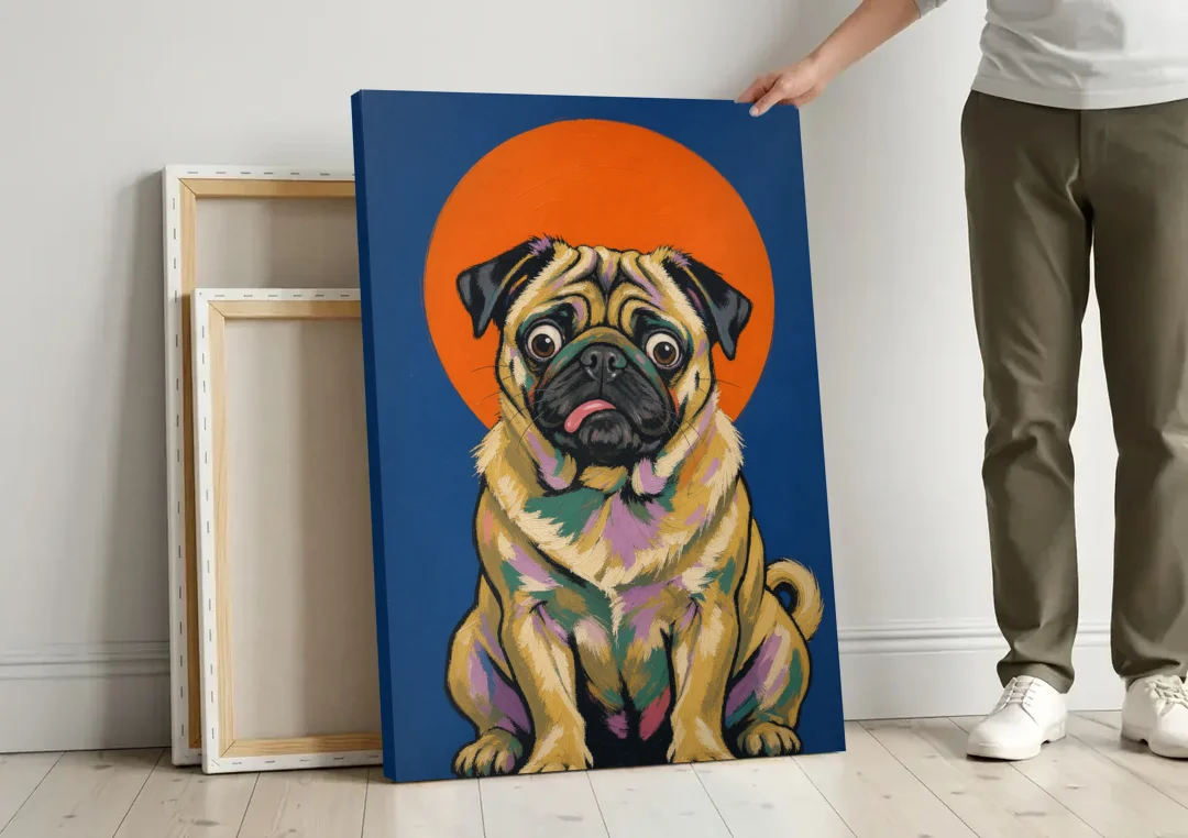 Funny Dog Canvas Art of a Confused Pug canvas wall art leaning against a wall next to blank canvases