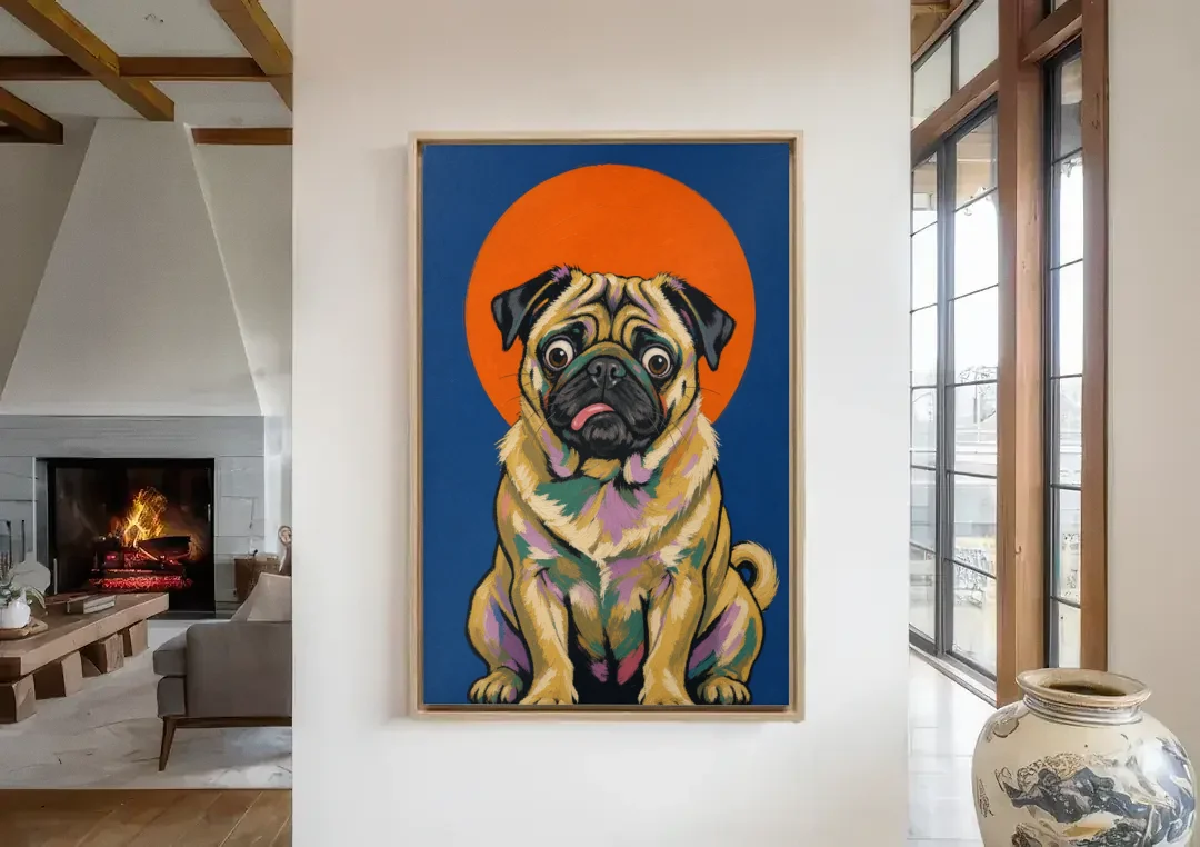 Funny Dog Canvas Art of a Confused Pug canvas wall art in a living room with a fireplace