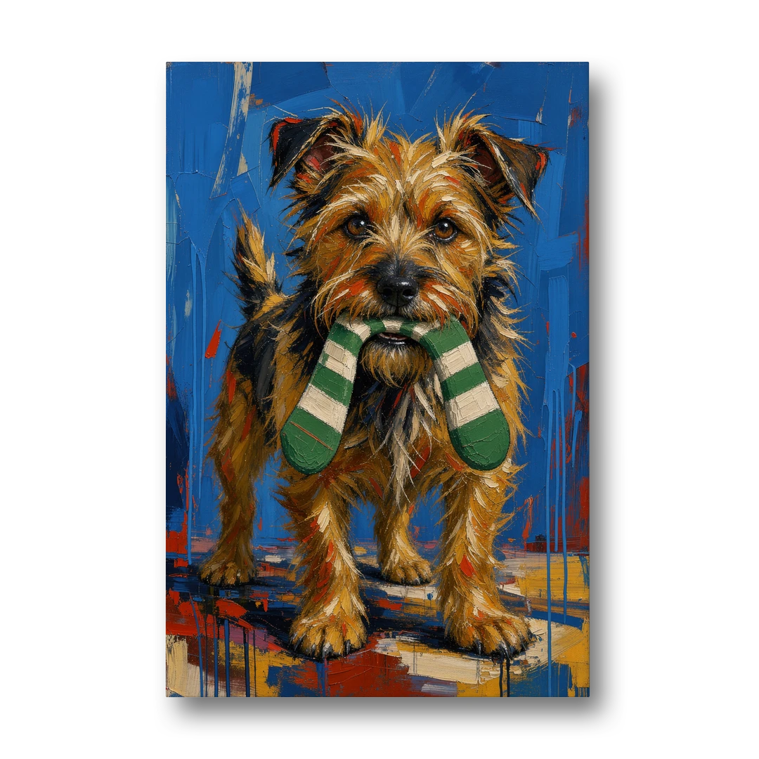 Funny Dog Wall Art of a Terrier Sock Thief - Canvas Wall Art - Front