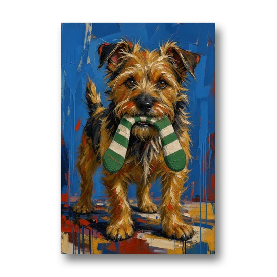 Funny Dog Wall Art of a Terrier Sock Thief - Canvas Wall Art - Front