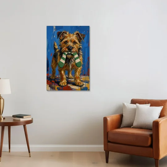 Funny Dog Wall Art of a Terrier Sock Thief - Canvas Wall Art - Sofa - 24x36