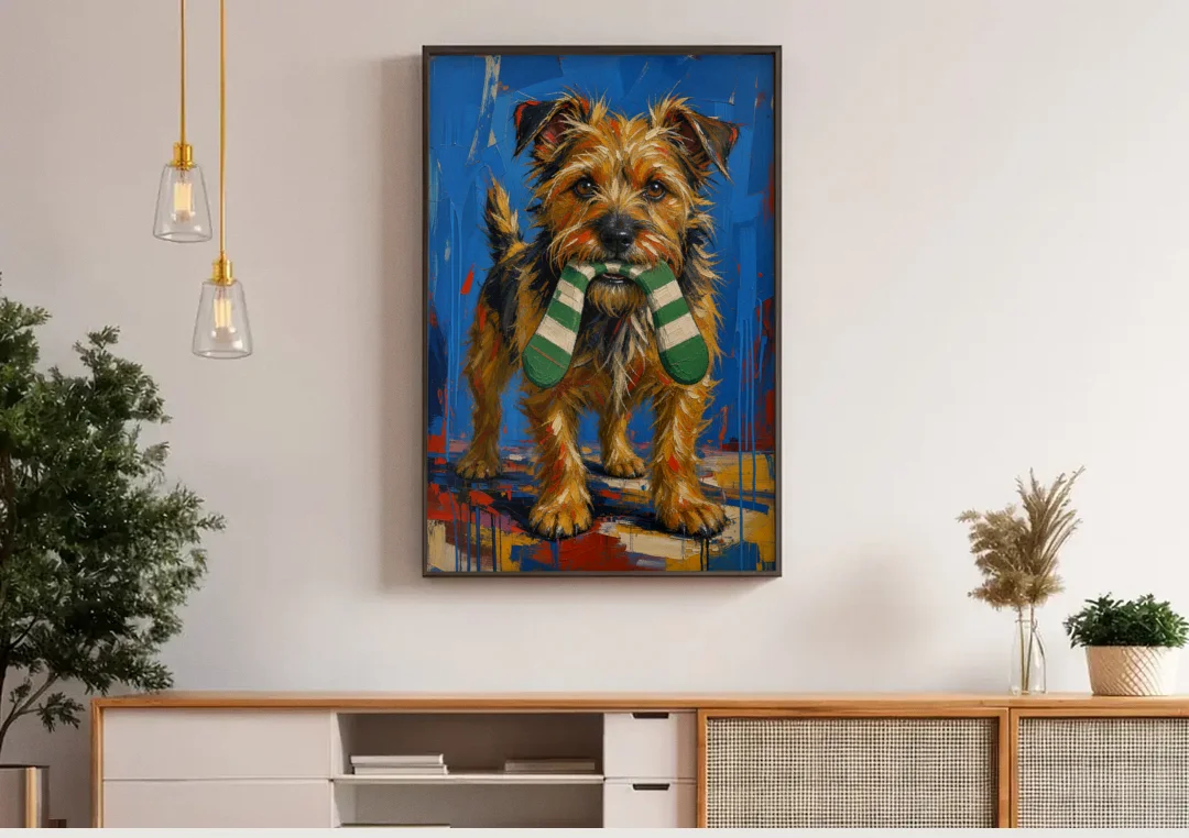 Funny Dog Wall Art of a Terrier Sock Thief canvas wall art above a wooden sideboard under pendant lights